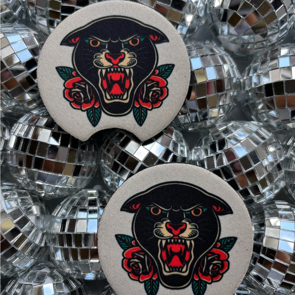 Panther Coasters with Red Rose Design